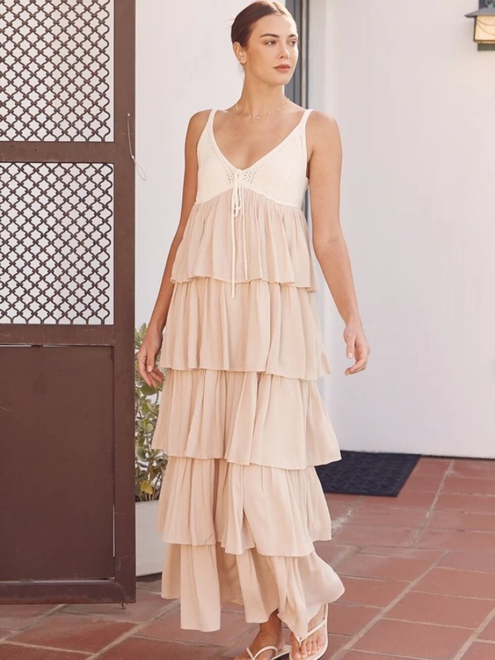 In February Boho Chic Blissful Moments Ruffled Maxi Dress in Latte Small NWT